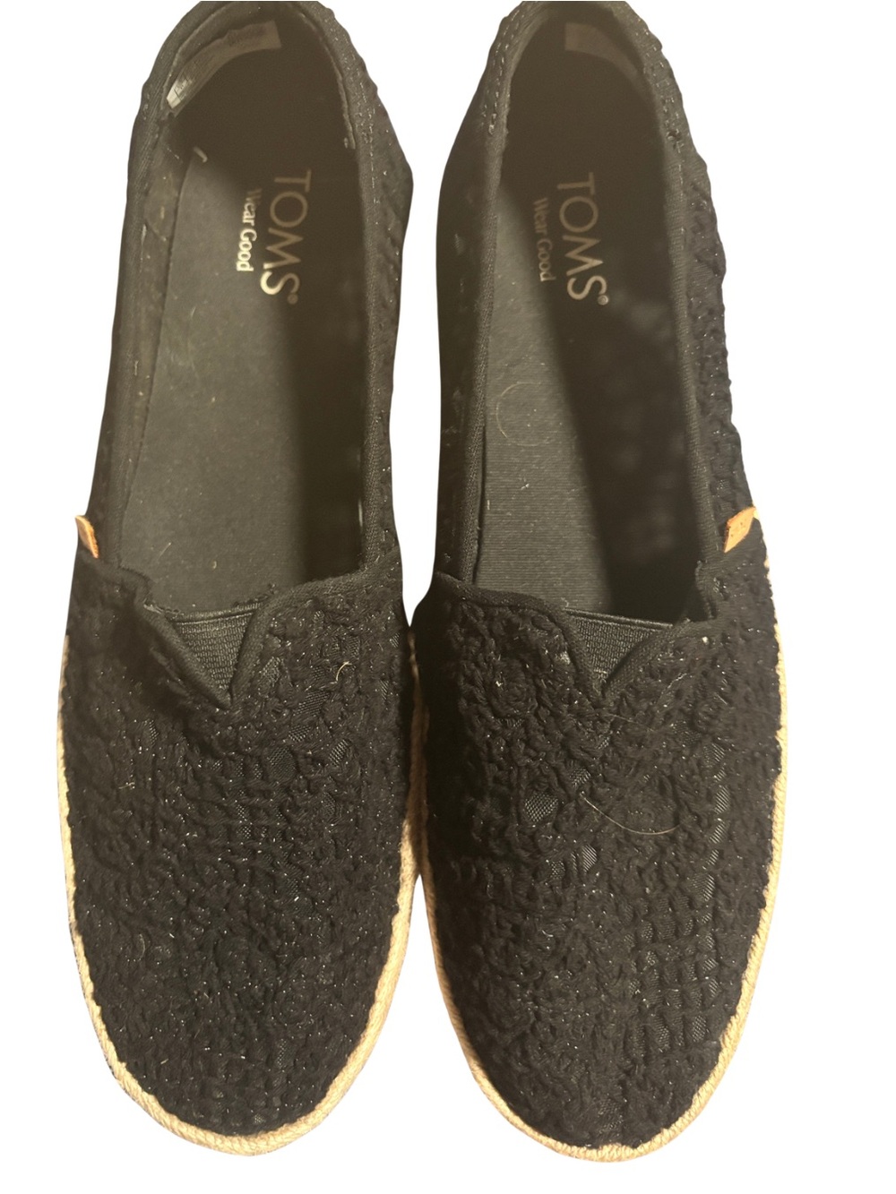Toms Black Crochet Slip-On Moccasins with Espadrille Trim